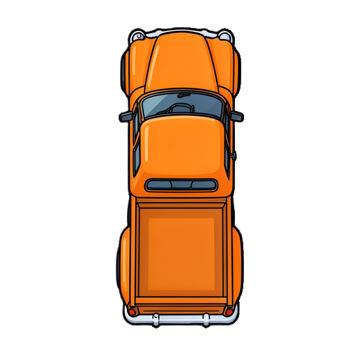 sprite 2d vetorial limpo em visão estritamente de cima para baixo de uma carrinha pickup vintage alaranjada, visão de pássaro 100% perpendicular, design gráfico plano e liso, contornos pretos espessos e bem definidos, estilo vetor moderno sem pixels. o veículo está orientado verticalmente apontado p