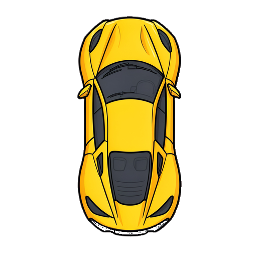 a strict 2d top-down view clean vector sprite of a yellow supercar sports car, seen directly from directly above, perpendicular bird's-eye view, smooth flat graphic design, zero perspective tilt, clean thick black outlines, crisp vector art style. the car is oriented vertically pointing upwards, wit