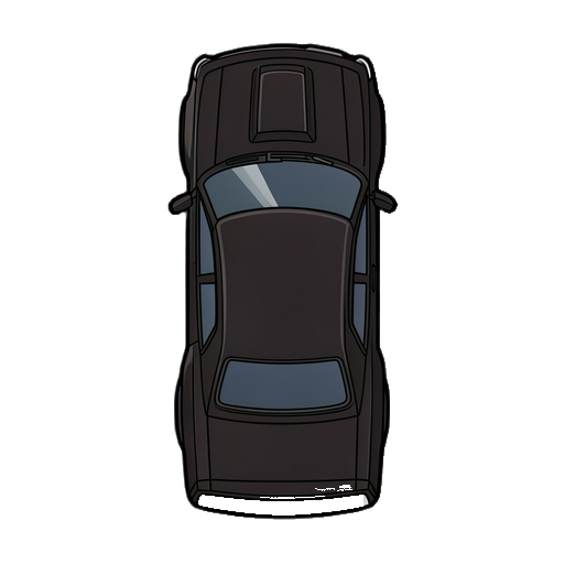 a strict 2d top-down view clean vector sprite of a black muscle car, seen directly from above, perpendicular bird's-eye view, smooth flat graphic design, zero perspective tilt, clean thick black outlines, crisp vector art style. the car is oriented vertically pointing upwards, with its front hood an
