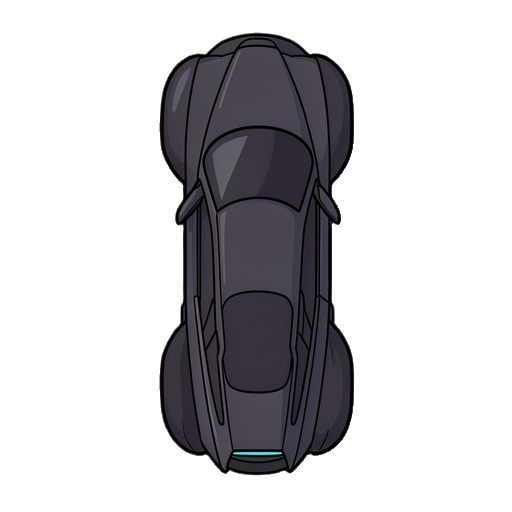 a strict 2d top-down view clean vector sprite of a sleek dark sci-fi hover car named zero, seen directly from above, perpendicular bird's-eye view, smooth flat graphic design, zero perspective tilt, clean thick black outlines, crisp vector art style. the car is oriented vertically pointing upwards, 