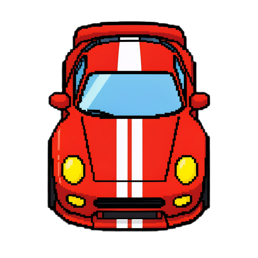 sprite vetorial em visão superior 2d de um carro esportivo vermelho, estilo pixel art / asset de jogo vetorial plano. o carro é vermelho vibrante com duas listras de corrida brancas paralelas no centro, do capô à traseira. possui para-brisa e vidros azul-claro, faróis amarelos arredondados, pneus/ro