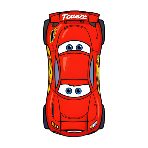 a strict 2d top-down view clean vector sprite of a red stock race car (lightning mcqueen style), seen directly from directly above, perpendicular bird's-eye view, smooth flat graphic design, zero perspective tilt, clean thick black outlines, crisp vector art style. the car is oriented vertically poi
