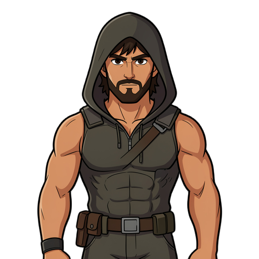 character description (sprite generation reference)  a rugged male assassin in his early 30s with an athletic, muscular build and tanned skin. he has a short dark brown beard and mustache, with medium-length dark brown hair mostly hidden beneath a hood. h