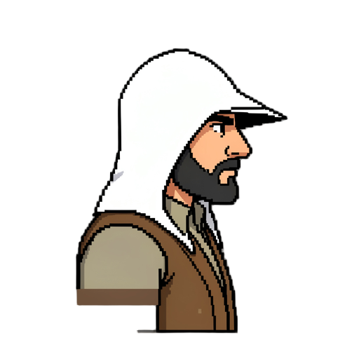 create a professional 2d pixel art sprite sheet of an original argentine gaucho assassin.  character design: - adult male character. - strict side view, facing right. - white assassin-style hood with a pointed front peak. - the hood casts a shadow over th