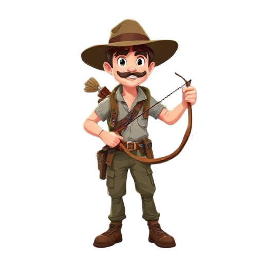 exploring man with a hat and jungle clothes handling a bow as weapon