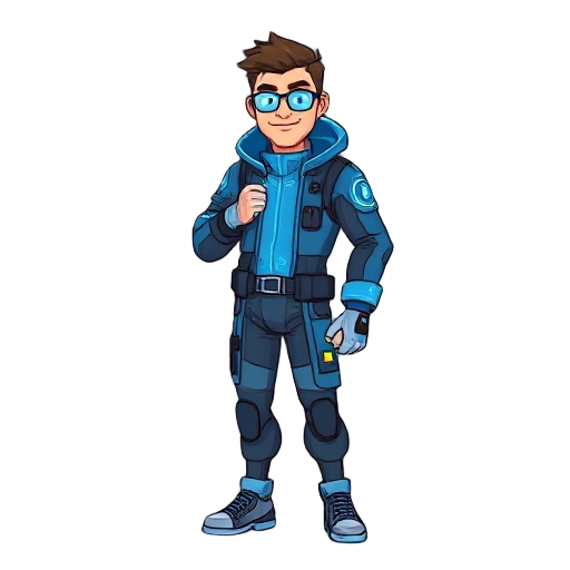 sci-fi time traveler man with blue sci-fi outfit looking like programer