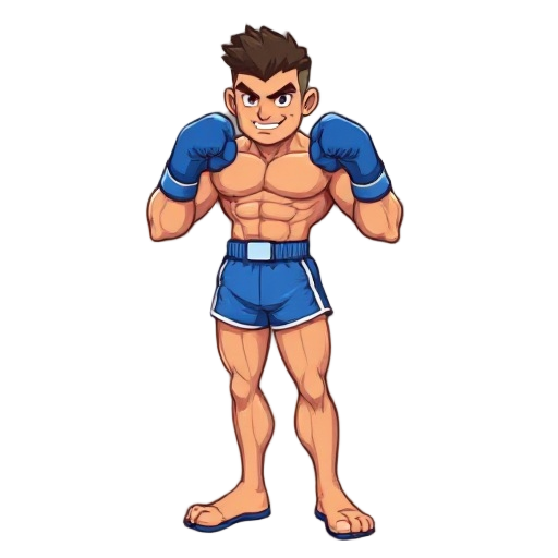 2d muscular boxing fighter character, blue shorts and blue boxing gloves, athletic defined body, dynamic fighting pose, cartoon style, vibrant colors, clean outline, game-ready sprite, front view, confident expression.
