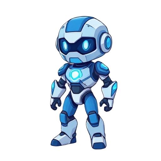 a small futuristic guardian character for a 2d platformer game, humanoid robot, compact and agile body, glowing energy core on the chest, simple and clean design, readable silhouette, short limbs, slightly big head, expressive visor eyes, metallic armor w