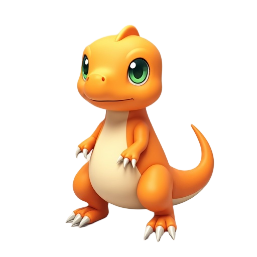 agumon from digimon, small orange dinosaur, standing upright, neutral pose, symmetrical, arms relaxed at sides, big green eyes, sharp claws, smooth lighting, simple background, anime style, clean colors, detailed but not exaggerated, front view, masterpie