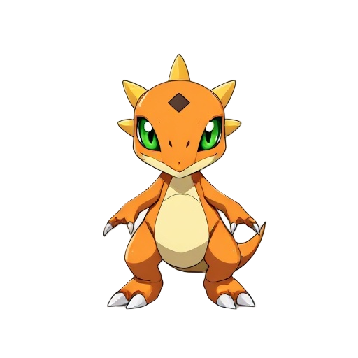 agumon from digimon, small orange dinosaur, standing upright, neutral pose, symmetrical, arms relaxed at sides, big green eyes, sharp claws, smooth lighting, simple background, anime style, clean colors, detailed but not exaggerated, front view, masterpie