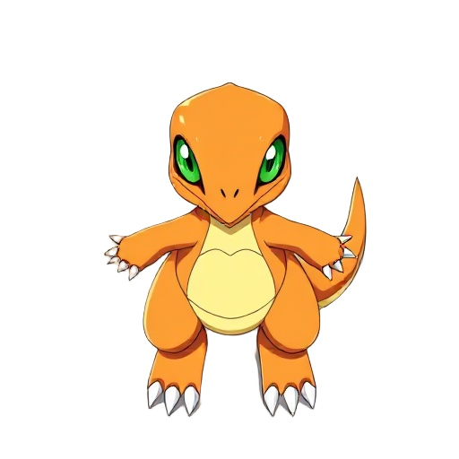 agumon from digimon, small orange dinosaur, standing upright, neutral pose, symmetrical, arms relaxed at sides, big green eyes, sharp claws, smooth lighting, simple background, anime style, clean colors, detailed but not exaggerated, front view, masterpie