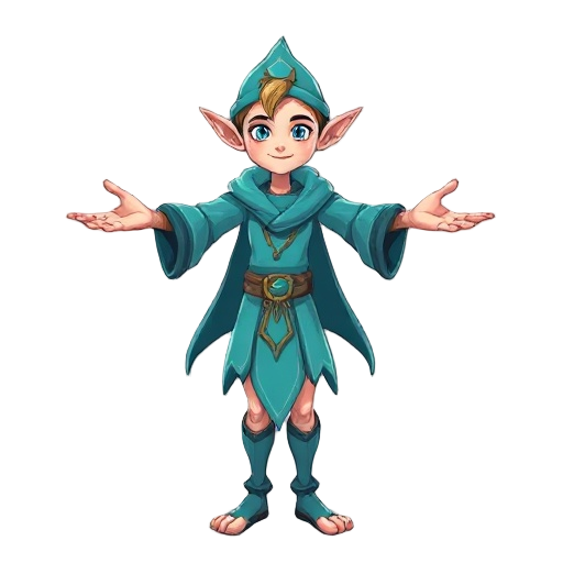 full body of an elf aqua magician with open arms and with kneeling legs