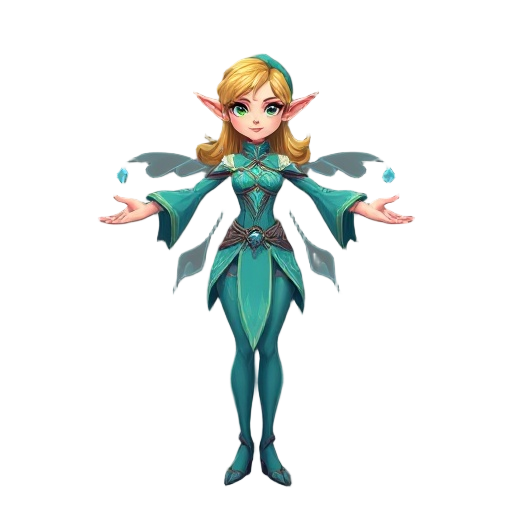 full body of an female elf aqua magician with open arms with bending leg