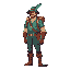 a pixel art adventurer character in a fantasy setting, wearing a green tunic, brown belt with a silver buckle, and brown boots. he has a green hat with a blue feather, brown gloves, and a backpack wit