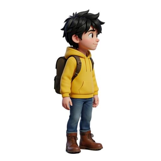 full body character idle stand, fixed side profile view, standing, waiting to the right. a young boy with messy black hair wearing a yellow hoodie, backpack, and brown bootstatic camera, no camera movement, locked shot, 3d animated film style, pixar aesth