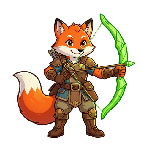 crie um personagem de jogos de plataforma que e um fire fox com calda grande e roupas de arqueiro e um arco de energia verde ao inves de uma lanca