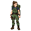 uma arte em pixel detalhada de uma policial tática feminina de corpo inteiro, em pé em uma pose de pronto 3/4. ela tem cabelo castanho em rabo de cavalo. veste um colete tático verde sobre uma camiseta azul marinho e calças táticas verdes com botas marron