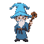 a wizard with light blue ice hat and an wooden wand