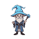 a wizard with light blue ice hat and an wooden wand