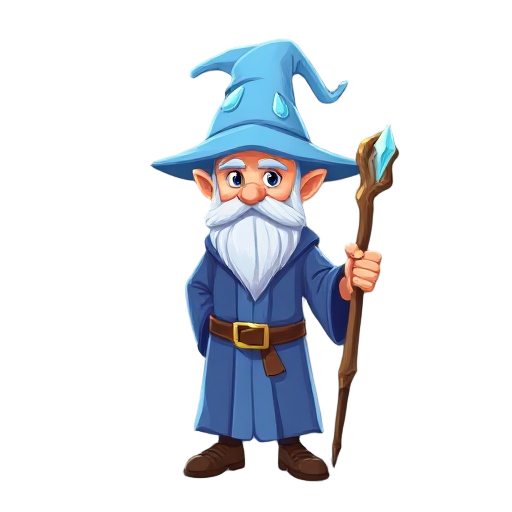 a wizard with light blue ice hat and an wooden wand