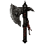 dark fantasy roguelite, single object centered, massive war axe with broad engraved steel blade and dark reinforced haft wrapped in ritual cloth, asymmetrical aggressive silhouette, rare feudal weapon, chipped edge and pale silver scratches from heavy com