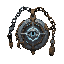 dark fantasy roguelite, single object centered, rare guardian amulet made from pale silver and oxidized bronze, circular protective sigil with central eye motif and subtle blue glow, asymmetrical chain and worn ritual engravings, sacred defensive aestheti