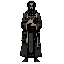 tower scholar man: gaunt face, ink-stained fingers, worn dark robe, hollow eyes from too many nights reading, holding closed codex against chest, cold grey and parchment tones, tired not triumphant, single hero centered, front or 3/4 view, limited palette