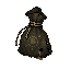 dark fantasy roguelite, single object centered, small worn ritual pouch tied with pale thread and marked by crude luck sigils, asymmetrical silhouette, humble luck buff consumable, tactile dirty cloth texture with faint pale gold dust leaking from seams, 
