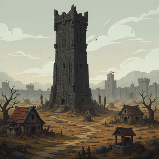 tall dark stone tower with carved patterns, dry land, small abandoned houses, distant walls, light fog, pale sky