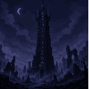 tall dark tower, faint glowing symbols, night sky, fog, empty ruins