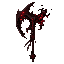 dark fantasy roguelite, single object centered, legendary frenzy axe with impossible asymmetrical blade shape resembling a monstrous jaw, black cursed steel partially dissolving into shadow and crimson mist, iconic aggressive silhouette, glowing coagulate