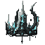 dark fantasy roguelite, single object centered, epic ritual crown forged from pale mithril spires and black engraved steel, asymmetrical transcendent silhouette, cyan cold-light fractures running between geometric points, subtle celestial eye motifs and h