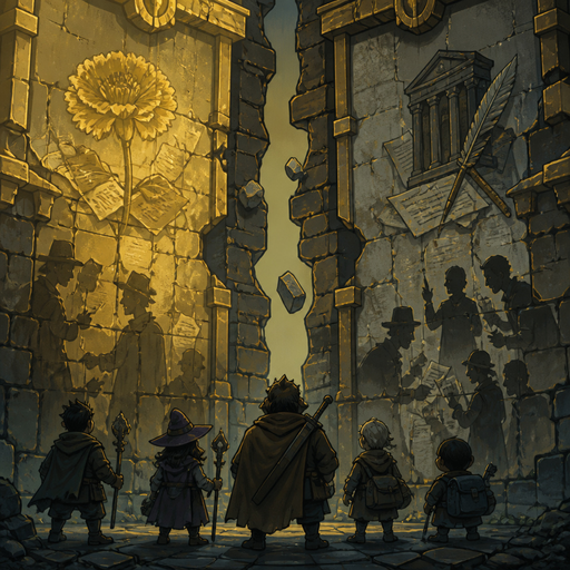 wrong reflections, duplicate silhouettes, cravo vs cartório on walls, torn contracts, small party from behind (not heroic), unstable architecture, gold-grey stone, painterly, calm lower third, no text