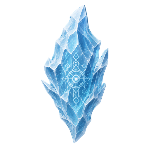 dark fantasy roguelite, single object centered, jagged ice crystal with pale blue translucent structure and frosted internal fractures, asymmetrical frozen silhouette, rare elemental crafting material, cold mystical glow, tactile crystalline texture, subt
