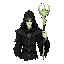 pale necromancer face, black hood, green magic on bone staff top, not a skull, not a skeleton, not a generic demon