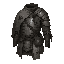 dark fantasy roguelite, single object centered, uncommon brigandine armor with layered ash-gray plates sewn beneath worn ritual cloth, asymmetrical semi-isometric front view silhouette, cold iron rivets and faded archive seals, gritty watchman aesthetic, 