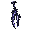 dark fantasy roguelite, single object centered, legendary twin-pronged night dagger resembling a monstrous fang, impossible black metal blade partially dissolving into shadow mist, asymmetrical iconic silhouette, pale indigo glow leaking from ritual fract