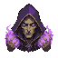 hooded mage face, purple magic glow on hands, sickly skin, not a skull, not a skeleton, not a generic demon