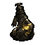 dark fantasy roguelite, single object centered, sacred blacksmith oil flask made of dark iron and thick glass, glowing pale gold liquid with metallic residue swirling inside, asymmetrical silhouette, forging buff consumable, engraved hammer motifs and sco