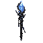 dark fantasy roguelite, single object centered, massive storm staff made of twisted dark wood and engraved steel rings, asymmetrical aggressive silhouette, glowing pale blue lightning crystal at the top with subtle energy arcs surrounding it, epic element
