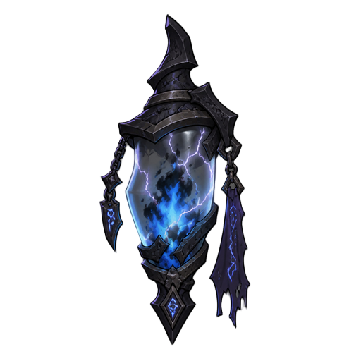dark fantasy roguelite, single object centered, unstable elemental essence suspended inside translucent ritual container, swirling energy blending cold blue flame, ash particles, and pale lightning streaks, asymmetrical mystical silhouette, rare arcane co