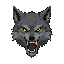 grey wolf head front view, open mouth fangs, ragged fur, not a skull, not a skeleton, not a generic demon