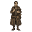 tower merchant man: lean trader, patched coat, coin pouch and ledger strap, guarded smile, pragmatic eyes, muted browns and tarnished gold accents, stress of debt visible, single hero centered, front or 3/4 view, limited palette, dither shading