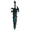 dark fantasy roguelite, single object centered, epic abyssal sword with cracked black steel blade split by cyan fault-line glow, asymmetrical aggressive silhouette, mithril edge fragments and ritual eye motifs near the guard, tactile obsidian and engraved