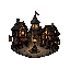 dark fantasy roguelite, tiny fantasy town emblem centered, small cobblestone plaza with lantern post, two or three half-timber houses flanking the square, warm amber window glow, muted stone and wood palette, readable at 128px, thick white outer outline s