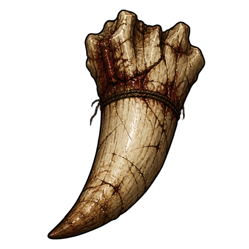 dark fantasy roguelite, single object centered, massive ogre tooth with cracked yellowed ivory texture and brutal worn edges, asymmetrical heavy silhouette, savage organic trophy, dried blood embedded near the root, tactile aged material, primitive monstr