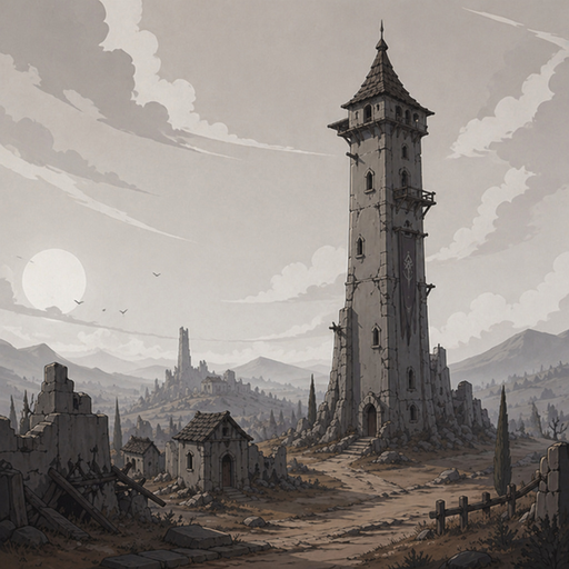 tall tower, long shadows, old village ruins, warm sky, dry terrain