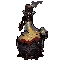 dark fantasy roguelite, single object centered, unstable alchemical infusion with layered liquids of deep indigo, coagulated crimson, and pale gold slowly mixing inside cracked ritual glass, asymmetrical silhouette, hybrid buff consumable, faint vapor lea