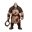 masked butcher in blood-stained apron, circular meat hook, not a skull, not a skeleton, not a generic demon