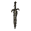 dark fantasy roguelite, single object centered, rare dragon-forged sword with straight dark steel blade layered like scales, asymmetrical aggressive silhouette, pale gold vein patterns glowing faintly across the metal, draconic claw-shaped guard and worn 